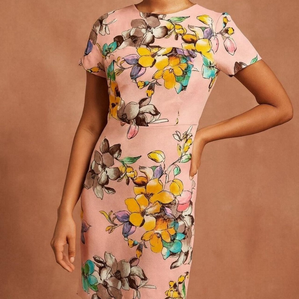 NEW NATION LTD. Sheath Pink Floral Spring dress Size 8 Midi Length Short Sleeve
